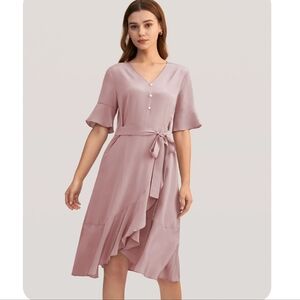 LILYSILK SILK Pink Ruffle Trim V Neck Dress XS Vintage Inspired Fluttery